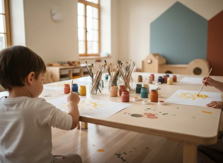 Boya kavanozları ve fırçalarla dolu sanat atölyesi masası