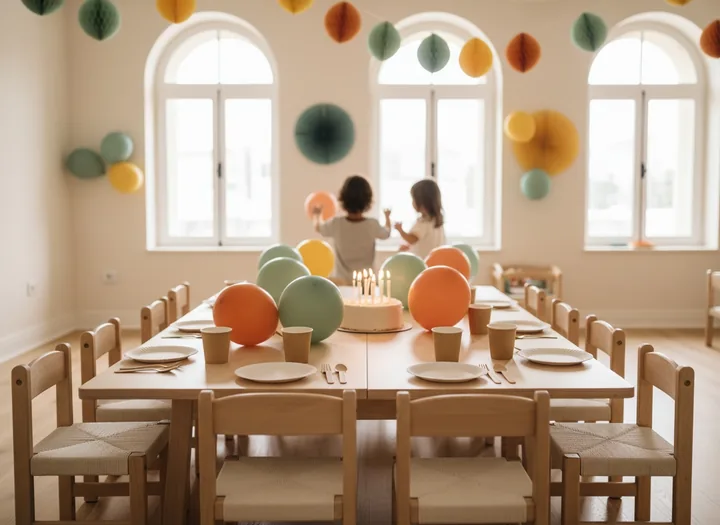 Balonlar ve kâğıt süslerle hazırlanmış doğum günü masası