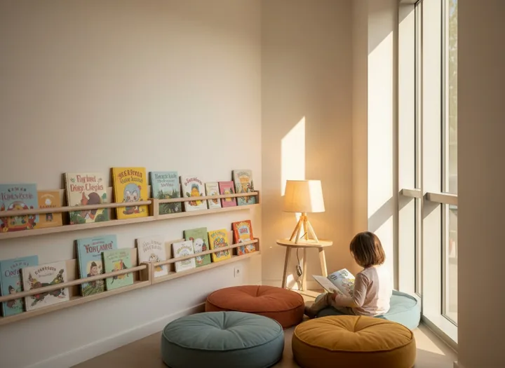 Minderli kitap köşesinde resimli kitap okuyan çocuk