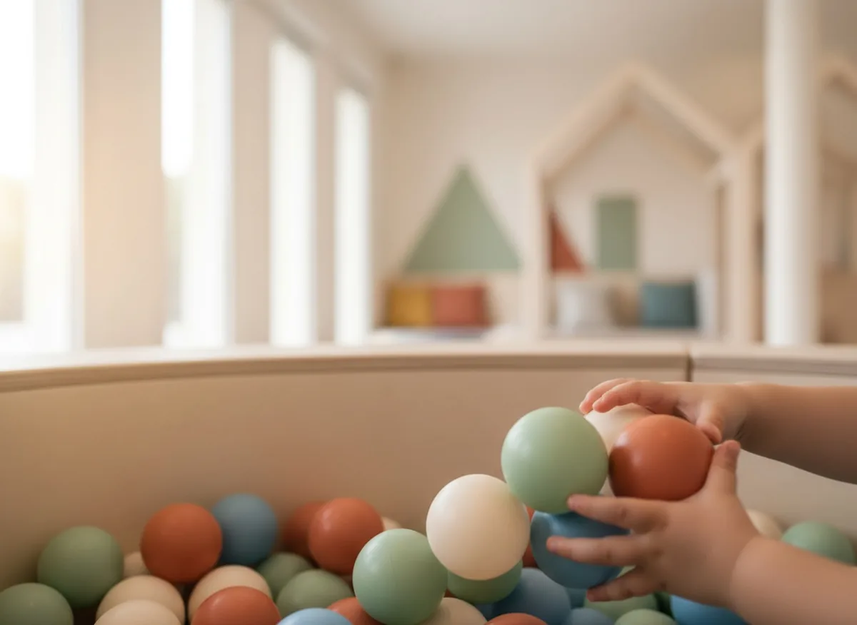 Pastel renkli top havuzunda topları toplayan çocuk elleri